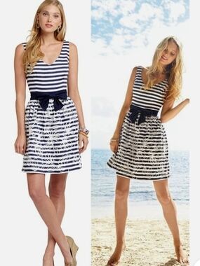 Navy and White Striped Sleeveless Mini Dress with Waist Tie